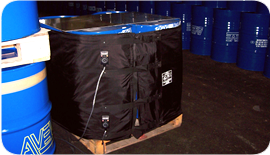 IBC heater used to reduce viscosity of butter & milkfat in the dairy industry: Custom jackets fit around large totes or 4 standard steel drums on a wooden pallet Bulk Container Heater used in dairy industry