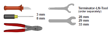 3mm knife, 8mm screwdriver, pliers, Terminator-LN-Tool 3mm knife, 8mm screwdriver, pliers, Terminator-LN-Tool